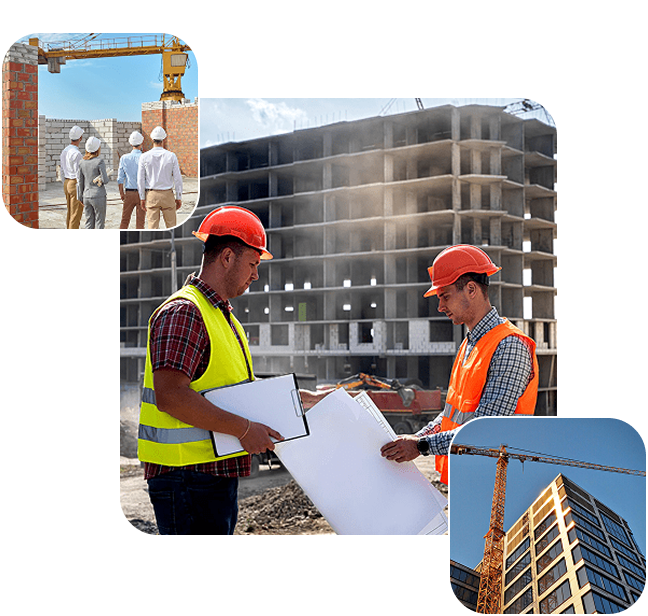 Workers discussing blueprints